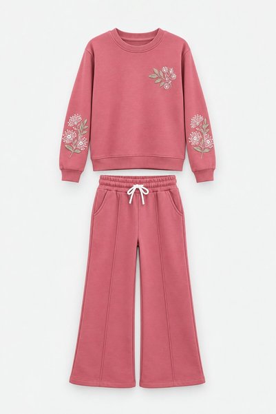 CansınMini Pink Girls' Wide Leg Tracksuit Set with Floral Embroidery on Sleeves, 3 Yarns, Embroidered, Wide Leg, 25004