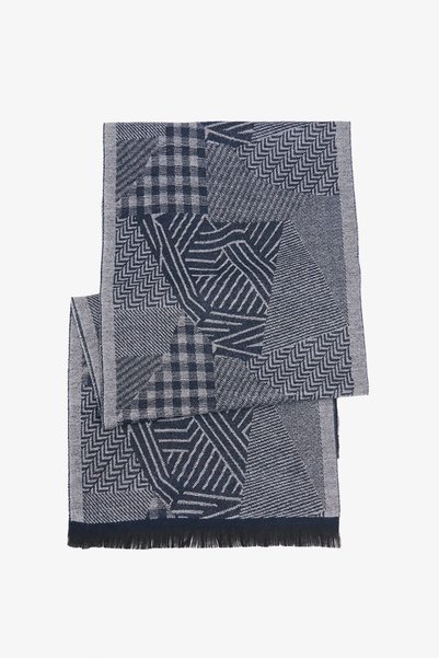 AC&Co / Altınyıldız Classics Erkek Lacivert-Gri Desenli Sıcak Tutan Atkı