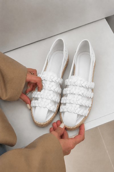 Hepsi Moda Wicker Sole Braided Leather Ballerinas - B100 - White