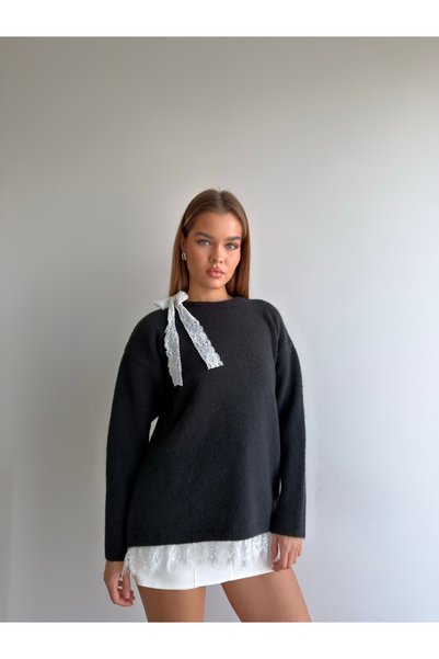 KENZA'A TRİKO Soft Sweater with Ribbons Tied at the Shoulder and a Lace-Trimmed Skirt