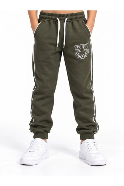 LUGMO Haki Kaplan Nakışlı 3 İplik Çocuk Eşofman Takımı Bisiklet Yaka Biyeli Sweatshirt ve Jogger Alt