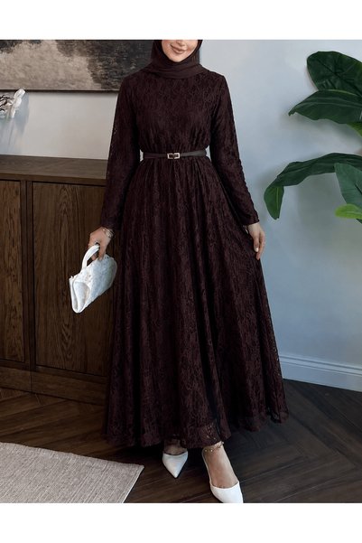 Hepsi Moda Leather Belted Lace Dress - 1308 - Bitter Brown
