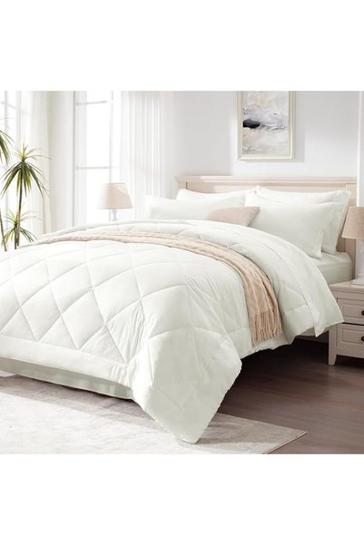Love's cabin Queen Comforter Set Beige, 7 Pieces Queen Bed in a Bag, All Seas...
