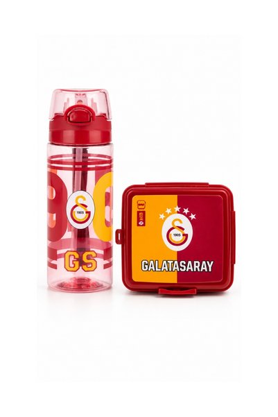 Galatasaray Lisanslı Pipetli Su Matarası + Çatallı Kaşıklı Beslenme Kutusu Sarı