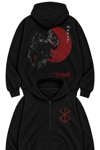 Fuddy Moda Unisex Oversize Berserk Sırt Baskılı Kapüşonlu Fermuarlı Anime Tem...