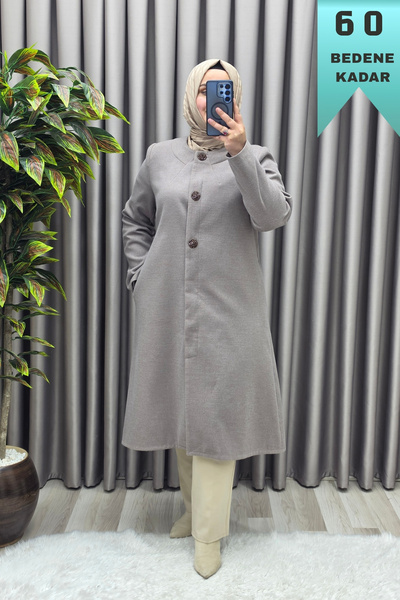 Elmas Tesettür Women's Clothing Plus Size Three-Button French Cashmere Coat