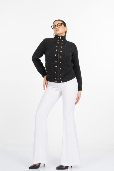 MissVina Women's Winter Black Vittoria Gold Button Detailed Zippered Knitwear...