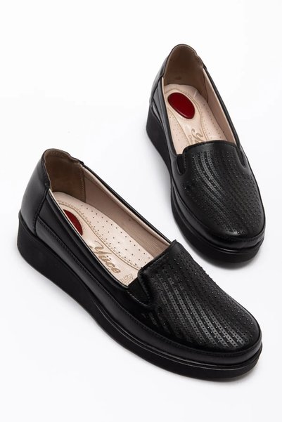 KAOF SHOES Kadın Siyah içi Hakiki Deri Klasik Ayakkabı Ortopedik Anne Ayakkabısı Anne Babet Günlük Ayakkabı