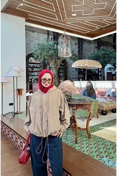 WOHOME Kadın Kapüşonlu Oversize Beli Büzgülü Mevsimlik Yağmurluk Mont