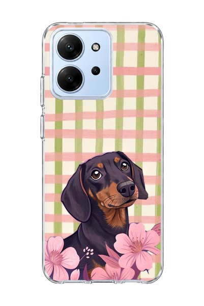 lelia Redmi 15C Compatible Sausage Dog Pink Plaid Printed Transparent Phone Case
