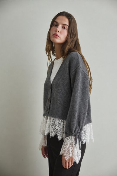Yefrastore Women's Gray Lace Detailed Wool Blend V-Neck Buttoned Knitwear Cardigan