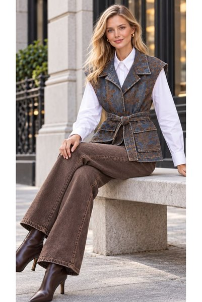 my312 kadın lacivert desenli denim yelek