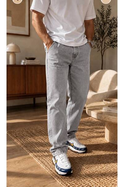 Vellagio Erkek Gri Baggy Lastikli Bel Wide Leg Kot pantolon Jean