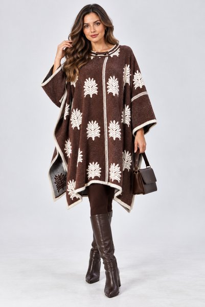 CNR TEKSTİL Women's Leaf Patterned Oversize Knitwear Poncho with Button Detail