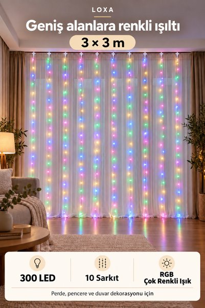 LOXA RGB Çok Renkli LED Perde Işık 3x3 m 300 LED USB Kumandalı 8 Modlu Zamanlayıcılı Dekoratif Aydınlatma