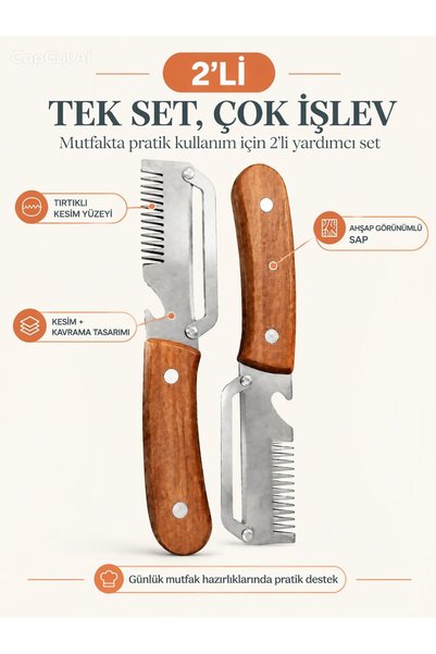 bazaar-turkey all you need Bazaar-Turkey - 2-Piece Multifunctional Practical Kitchen Set – Wooden Look Peeler, Serrated Slicer & Bottle Opener Kitchen Helper