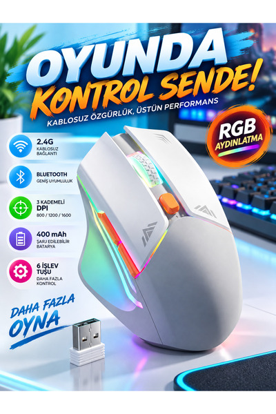 asua 1600 DPI 6 Buton RGB Kablosuz Oyuncu Faresi Gaming Oyuncu Mouse