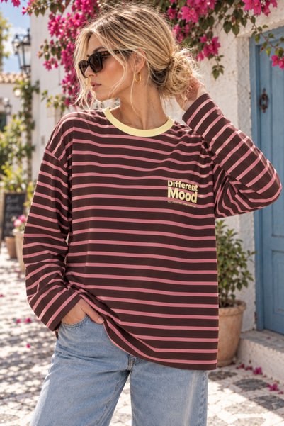 Moda Neval Women's Pink Striped Crew Neck Oversize Sweatshirt