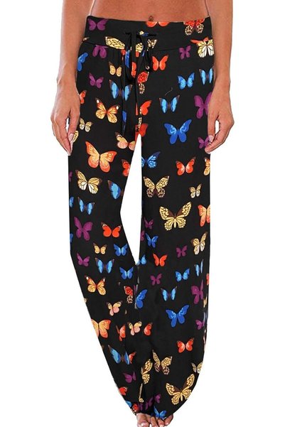 OtherMax Pantaloni Lungi Damă Yoga Wide Leg cu Imprimeu de Fluturi Negri S