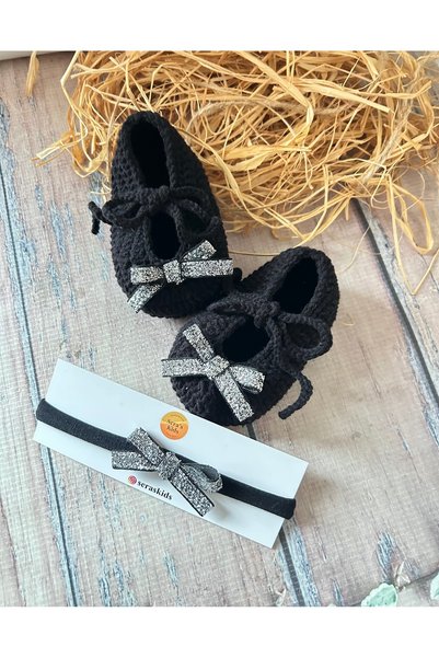 seraskids El Örgüsü Siyah Işıltılı Yumuşak Kız Bebek Patik ve Bandana set