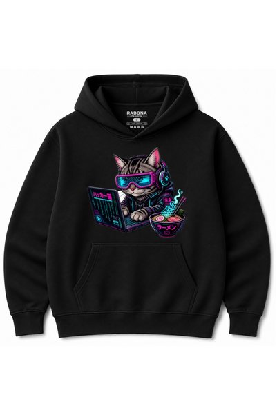 Rabona Fashion Neon Future – Cyberpunk Hacker Cat & Mechanical Koi Graphic Ho...