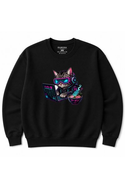 Rabona Fashion Neon Future – Cyberpunk Hacker Cat & Mechanical Koi Graphic Sw...