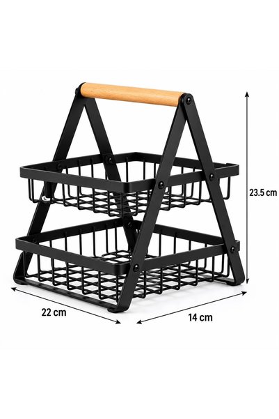 OEM Organizator bucatarie metalic cu 2 niveluri, etajera pliabila pentru condimente, borcane si accesorii, 22 x 14 x 23,5 cm, maner din lemn, negru mat