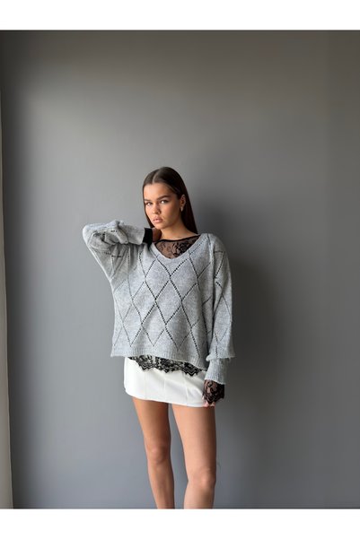 KENZA'A TRİKO Lace Detachable V-Neck Openwork Sweater