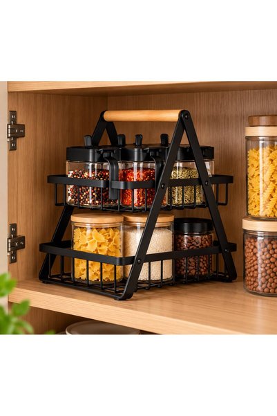 OEM Organizator bucatarie metalic cu 2 niveluri, etajera pliabila pentru condimente, borcane si accesorii, 22 x 14 x 23,5 cm, maner din lemn, negru mat