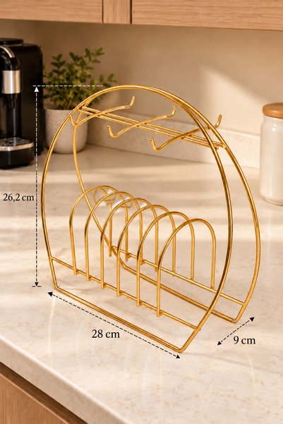 Edora Home Parlak Altın 6 Askılı Metal Fincan ve Tabak Düzenleyici, Şık Kahve...