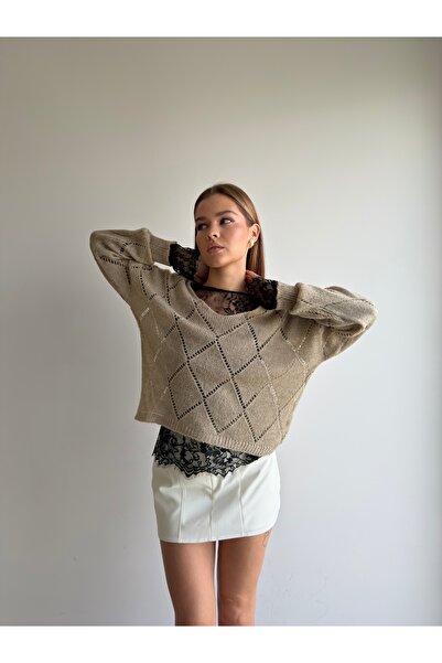 KENZA'A TRİKO Lace Detachable V-Neck Openwork Sweater