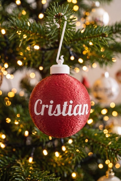 OEM Glob Craciun 3D Personalizat Cristian - Sfera Brad Rosu Satinat cu Nume P...