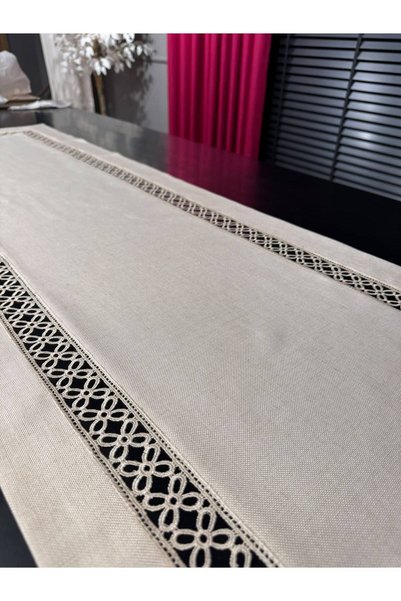Perde Online Kolber Detaylı Polyester Keten Görünümlü Şık Runner | Krem Renk ...