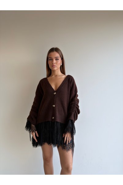 KENZA'A TRİKO Soft Textured V-Neck Cardigan with Lace Skirt and Sleeves