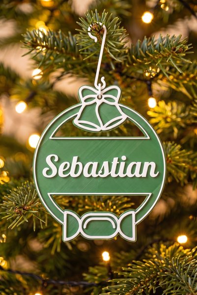 OEM Glob Craciun Personalizat cu Nume Sebastian - Ornament Brad Plat Verde Br...