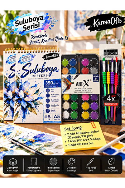 KarmaOfis A5 Suluboya Resim Seti – 12'li Art-X Suluboya Boya, 350 Gr Spiralli Suluboya Defteri ve 4'lü Fırça Seti – 1 Defter Seçenekli