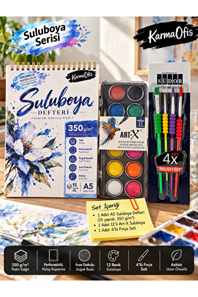 KarmaOfis A5 Suluboya Resim Seti – 12'li Art-X Suluboya Boya, 350 Gr Spiralli Suluboya Defteri ve 4'lü Fırça Seti – 1 Defter Seçenekli