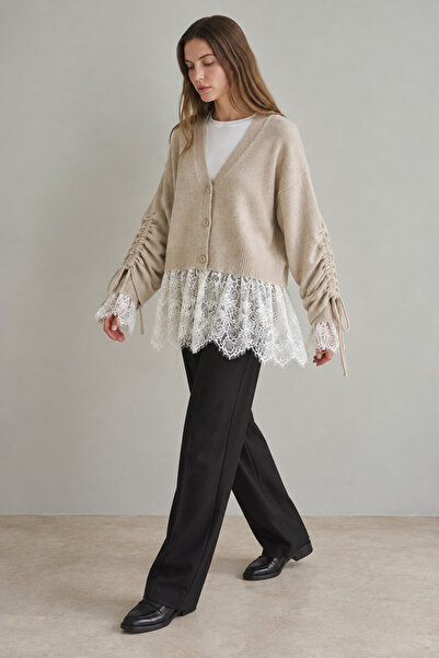 Yefrastore Women's Beige Lace Detailed Wool Blend V-Neck Buttoned Knitwear Cardigan