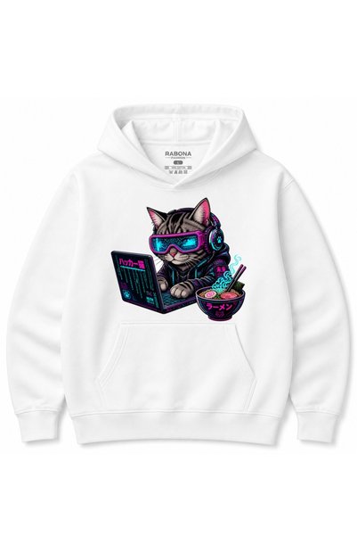 Rabona Fashion Neon Future – Cyberpunk Hacker Cat & Mechanical Koi Graphic Ho...