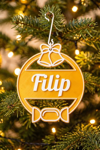 OEM Glob Craciun Personalizat Filip - Ornament Brad Plat Auriu cu Carlig