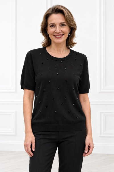 NO BRAND Pulover Damă Negru cu Mânecă Scurtă și Perle Aplicate