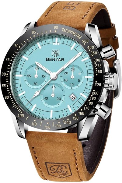 Benyar ساعة BY للرجال مقاومة للماء، كرونوغراف كوارتز تناظري، مضيئة، مع تاريخ،...
