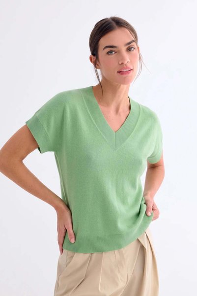 Silk and Cashmere Adaçayı Yeşili Isabella Saf Kaşmir V Yaka Kısa Kollu Triko