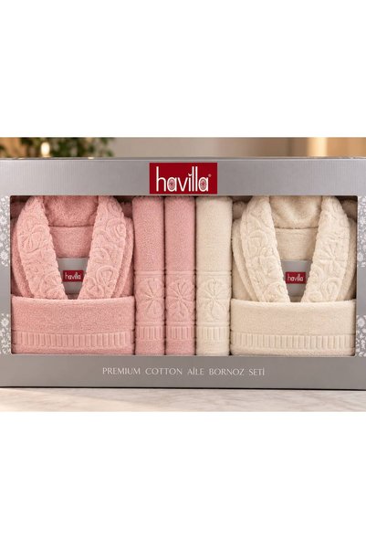 havilla havlu Havilla Premium Cotton Aile Bornoz Seti 2 Kişilik Çift Bornoz H...