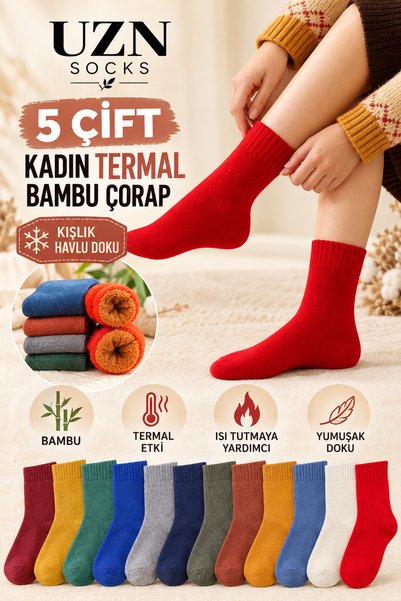 UZN SOCKS 5 Çift Kadın Termal Bambu Çorap Havlu Dokulu Yumuşak Dikişsiz Burun...