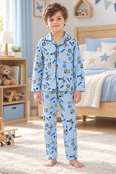 CottonVia Boy's Pajama Set, 100% Cotton, Buttoned Front, Long Sleeves, 30/1 C...