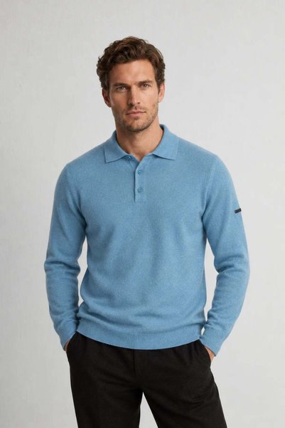 Silk and Cashmere Mavi Saf Kaşmir Polo Kazak