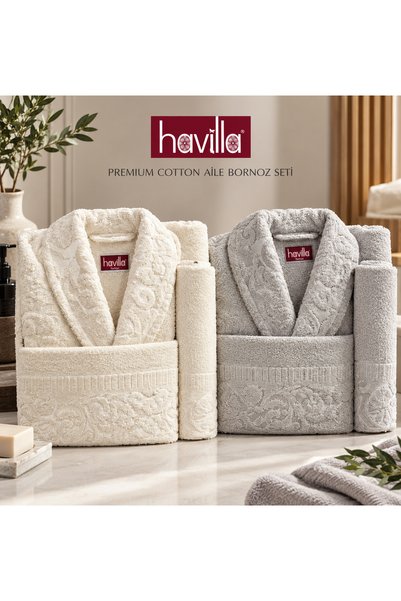 havilla havlu Havilla Premium Cotton Aile Bornoz Seti 2 Kişilik Çift Bornoz H...