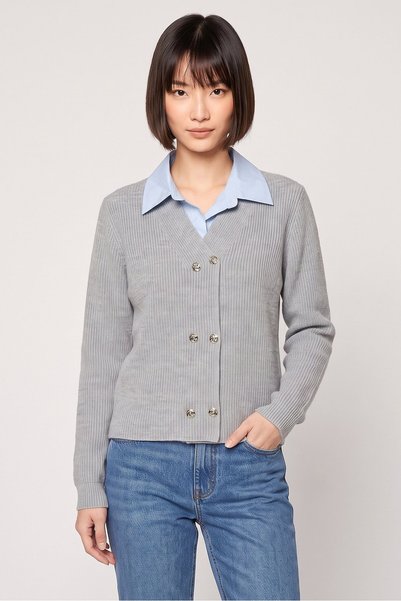 NANETTE LEPORE Women Spread Collar Long Sleeve Knitted Sweater, Grey