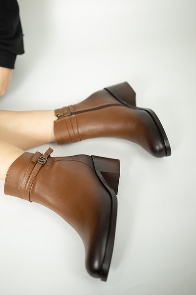 Venüs 3050 Genuine Leather Daily Comfortable Elegant Zippered Thick Heeled Women's Boots Real Leather